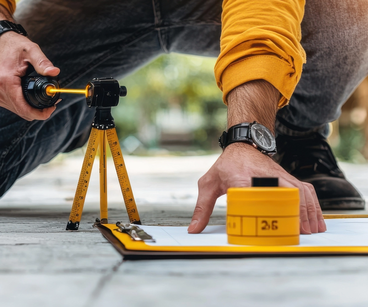 A person in a yellow shirt measures with a tool on a tripod, near a clipboard and measuring device.
